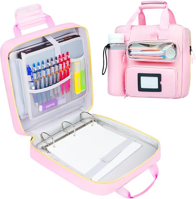 3 Inch D-Ring Zipper Binder Bag, 700 Sheet Capacity Multi-Pockets Organizer, 13 Inch Laptop Carrying Case with Bottle Holder& Shoulder Strap for School Office (Pink)