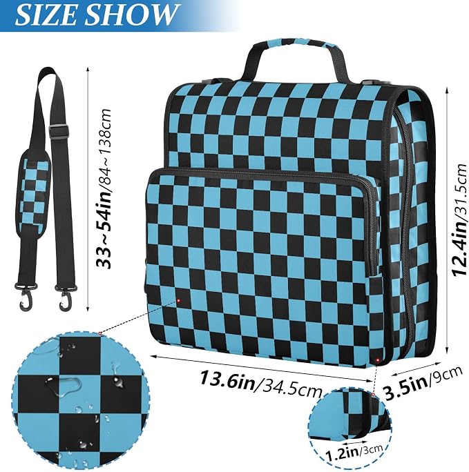 Black Blue Checkered Pattern 3 Ring Binder Bag 1.5 inch Binder Organizer with Zipper Shoulder Strap 500 Sheet Documents Storage for School Office