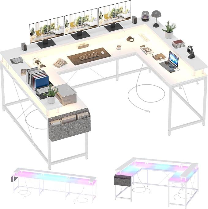 Reversible u Shaped to l Shaped Computer Desk with RGB Lighting & Charging Station, 79 Inch Home Office Workstation with Full Monitor Stand, Heavy Duty Gaming Desk Supporting 600LBS, Multiple Color Op