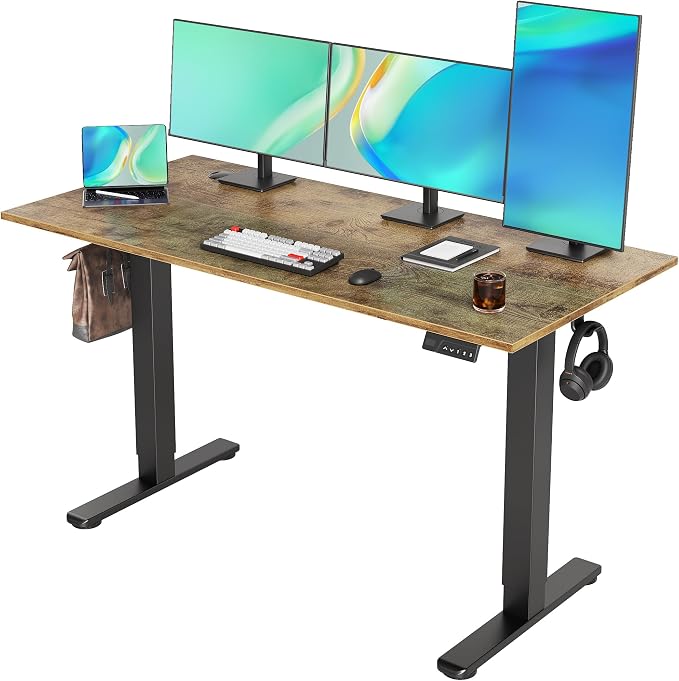 Claiks Electric Height Adjustable Standing Desk, 55x24 Inch, Rustic Brown | Smooth Height Adjustment, 3 Memory Presets, Cable management hub & hook, Stable Steel Frame, 156 lbs Capacity, Easy Assembly