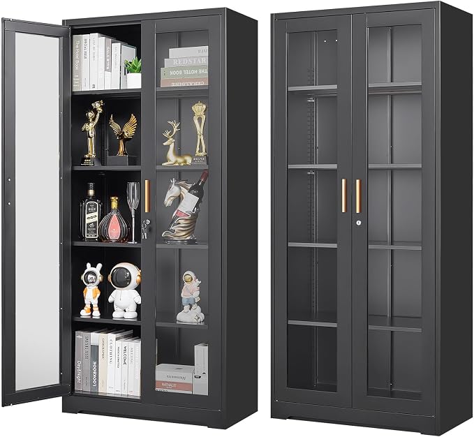 Polup 71" Black Metal Glass Display Cabinet with Security Lock | 5-Tier Curio Case & Tempered Doors, 4 Adjustable Shelves, Heavy-Duty China Storage for Living Room, School & Commercial