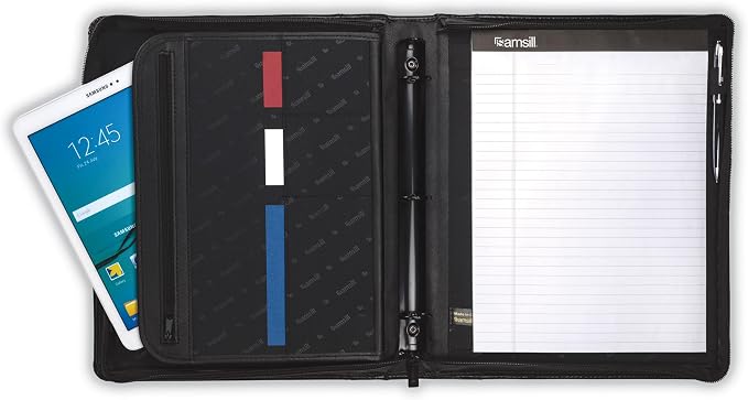 Samsill 15540 Regal Leather Padfolio Zipper 1 inch Ring Binder, Carry Handle, Interior 10.1 Inch Tablet Sleeve, Letter Size Writing Pad, Black