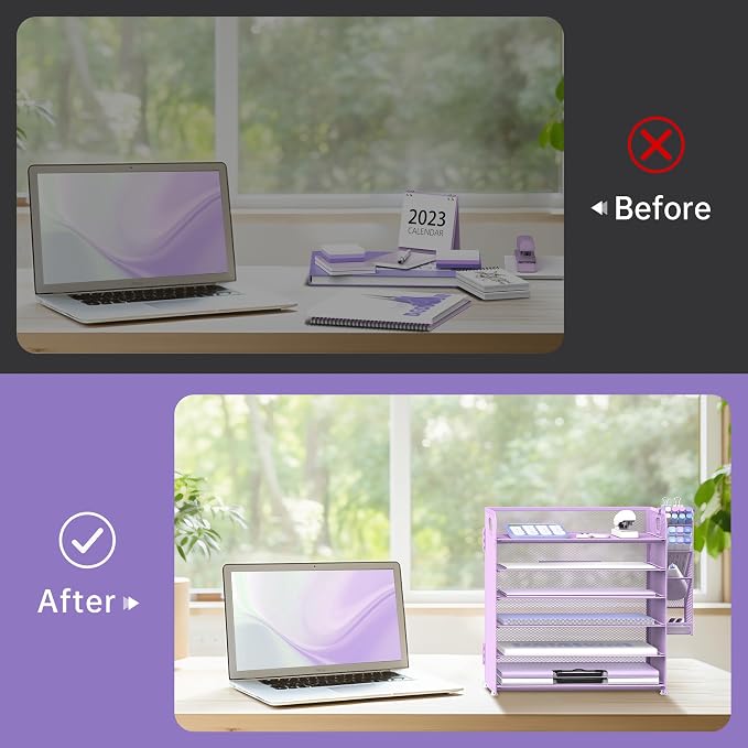 6 Tier Desk Organizer with 4 Pen Holders & Mesh Paper Trays Purple | 6 Tiers Paper Organizer, File Organizer Letter Tray with Handle for A4 Files, Folders, Mail and Office Supplies