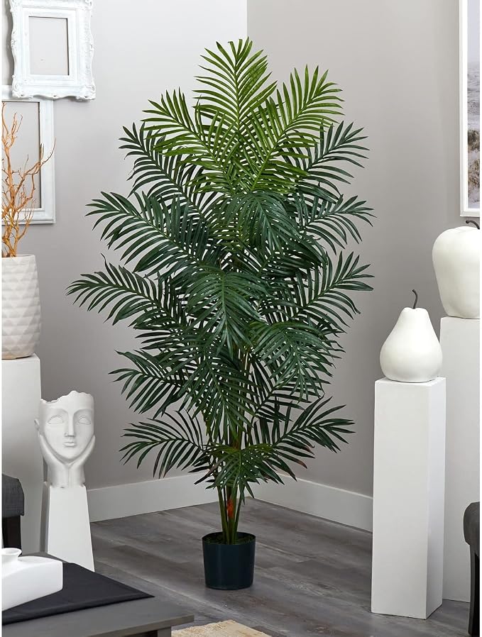 Nearly Natural 7 ft Artificial Paradise Palm Tree with Nursery Pot | 21 Feathery Fronds, Realistic Fake Leaves, Includes Black Nursery Planter, Stately Decor for Indoor Home or Office spaces