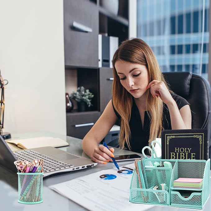 12 in 1 Green Desk Organizers & Accessories Set for Office & Home & School | Teal Green Office Supplies for Coworkers Students, Include Stapler, Pen Holder, Tape Holder, Scissors, Ruler, Staple Remover