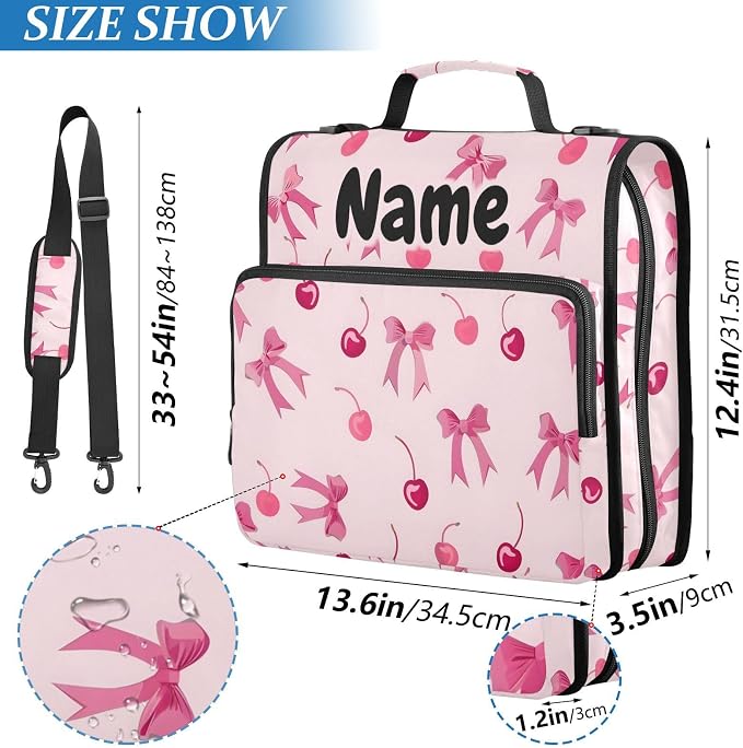 Custom Pink Bows Cherry 3 Ring Binder Bag 1.5 inch Personalized Name Binder Organizer 500 Sheet Documents Storage for School Office