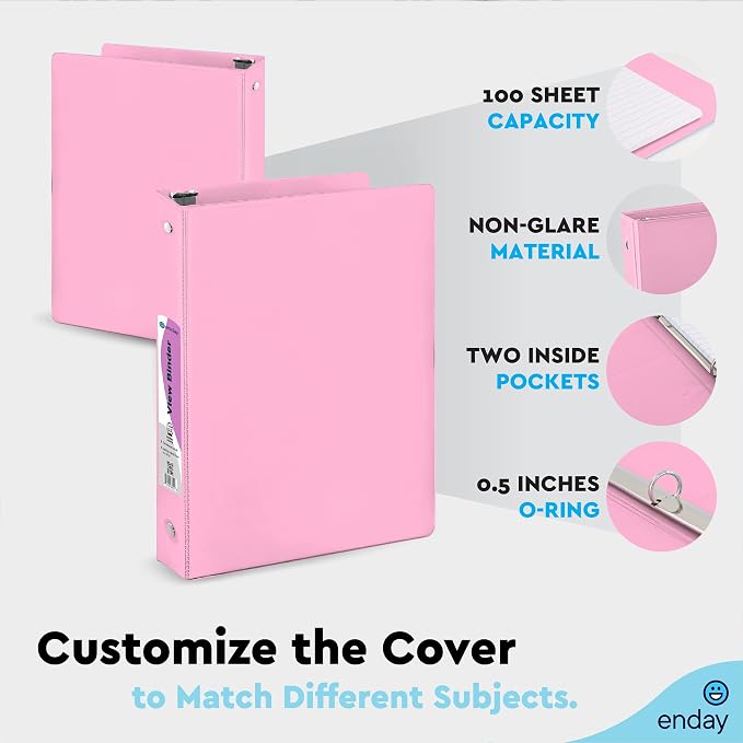 Enday 1/2 inch Binder 3 Ring Binder (6 Pack - Assorted Colors) O-Ring Binder with Clear View Cover and 2 Inside Pocket - for Letter Size 8.5 x 11'' Paper, Ideal for School Supplies, Office, and Home