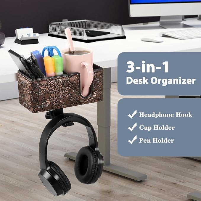 Under Desk Cup Holder Clamp on Cup Holder PU Leather Clip on Desk Organizer | Desk organizer with pencil holder clamp on side, under desk hanging organizer, clip on cup holder desk phone stand holder PU