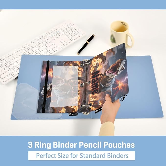 Custom Dinosaurs Roar Pencil Pouch for 3 Ring Binder, 2 Pack Personalized Name Waterproof Pencil Bags Clear Window Pencil Case School Office Supplies