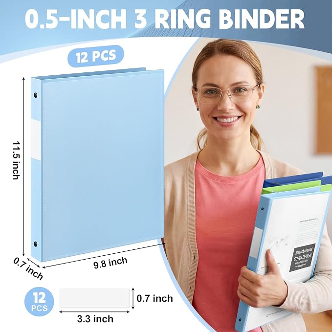 Henoyso 1/2 Inch 3 Ring Binders with Clear Front Cover and 2 Pockets, Round Ring Binders Fits 8.5'' x 11'' Letter Size Paper for School Office Supplies, 12 Pack (Assorted Fresh Color)