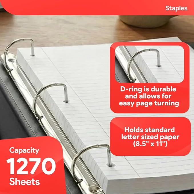 Staples Better Binder, 5 Inch D-Ring, Black, Reinforced Spine | High-capacity 3-ring binder holds up to 1,050 sheets for bulk storage.