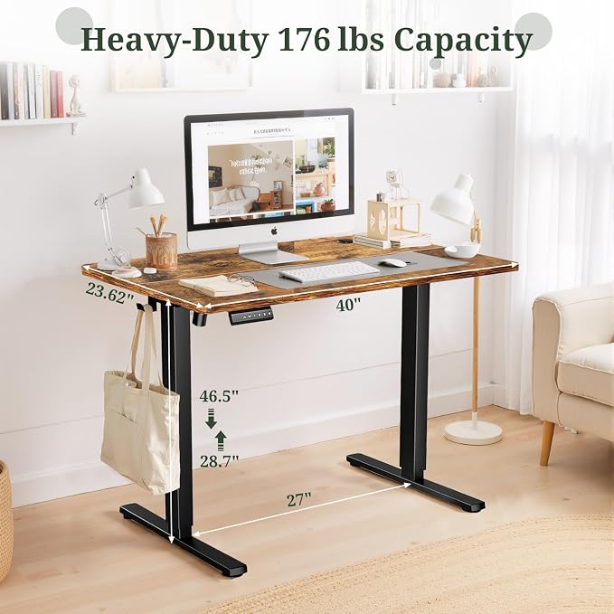 40 x 24 in Electric Standing Desk - Memory Height Adjustable | Ergonomic Sit-to-Stand Rising Computer Table Gaming Workstations with 2 Hooks and Wire Hole for Home Office, Brown