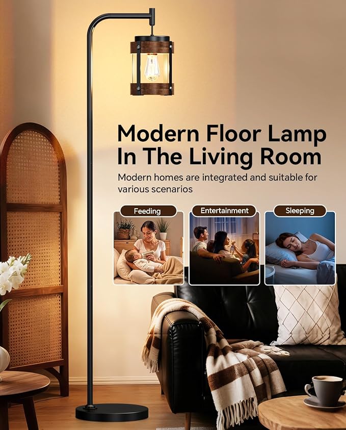 67" Industrial Floor Lamp with Wood & Black Metal Shade, Modern Standing Lamp, Rustic Farmhouse Tall Lamp for Living Room Bedroom Office, 2700K Bulb & Foot Switch Included (Black+ Wood-FL-2522)