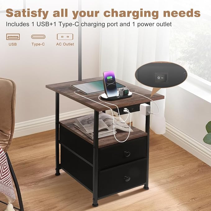PESRAE Floor Lamp with Table & 2 Drawers, End Table with 3 Color Temperature Reading Light, Side Table Lamp with USB & Type C & AC Charging Port for Bedoom, Home Office