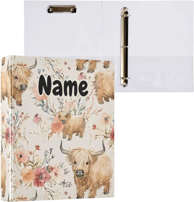 Custom 3 Ring Binder Cute Highland Cows Flowers 1.5" Round Ring Binders Personalized Name View Binder with 200 Sheet for Kids School Supplies Women Men Office, 1 Pack