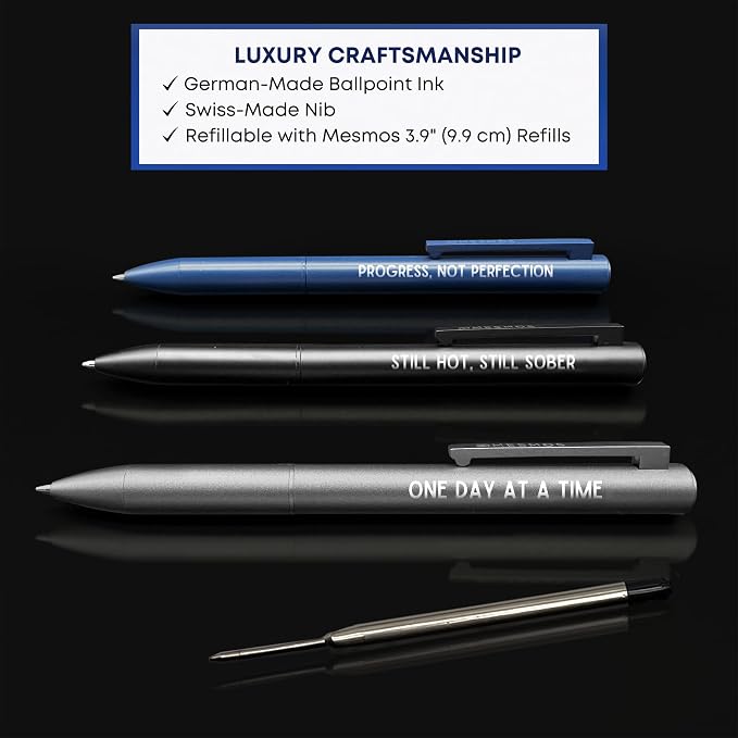 MESMOS Meaningful Sobriety Gifts for Men, 3pk Fancy Pen Set with German-Made Ink, Inspirational Pens, Proud of You Sober Gifts, Sober Affirmation Quote