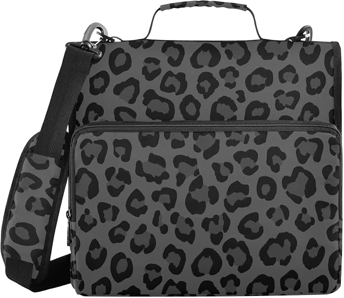 Leopard Gray Black Pattern 3 Ring Zipper Binder with Shoulder Strap & Handle 1.5 Inch D-Ring Zippered Bag with Pencil Pouch,Expanding File Folder, Binder Organizer for School or Office