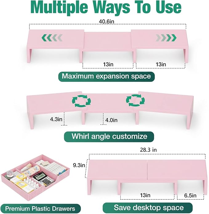 Dual Computer Monitor Stand Riser, Desk Organizer with Drawer, Office Desk Accessories & Workspace Organizers for Home Office Supplies, Pink