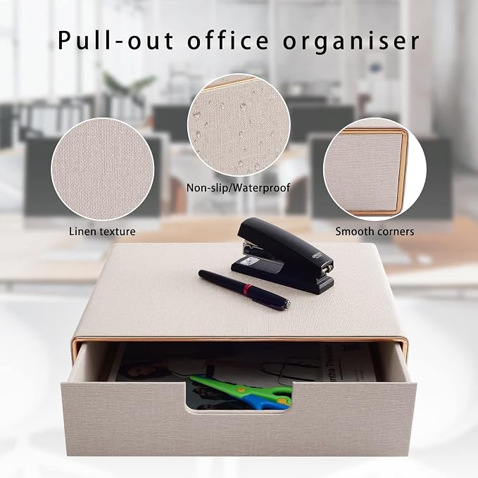 PU Leather Stackable Organizer Drawer,Executive Office Supplies Desktop Filing A4 File Cabinet/Holder for Jewelry/Bill/Paper/Documents/Makeup Home Decor Stationery Storage Box,Beige