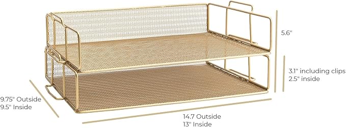 BLU MONACO | Paper Tray Stackable Gold Mesh Set of 2 | Stackable File Trays for Desk Organization | Tiered Desk Organizer with Metal Letter Trays