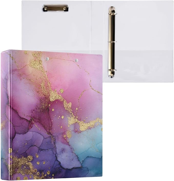 Purple Pink Blue and Gold Marble Binder 3 Ring 1.5 Inch Binder with Clipboard&Pockets, Hardcover Binders Heavy Duty Large File Folder for Office School Supplies - Holds 200 Sheets