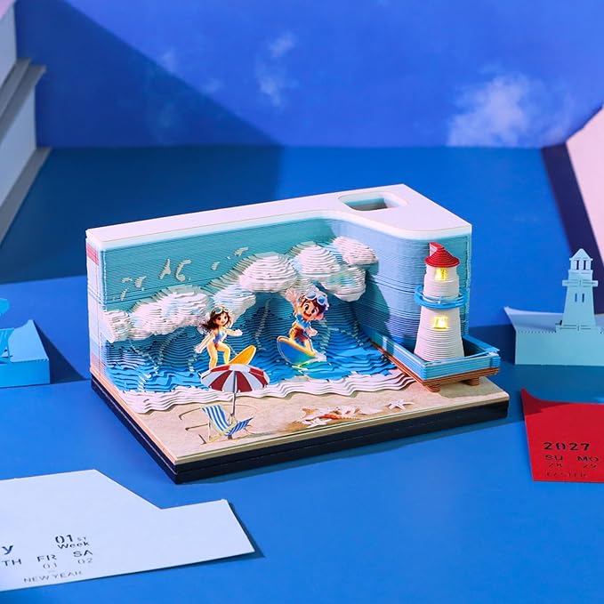 3D Time Piece Calendar, 2027 Desk Calendar With LED Light, 3d Tree Memo Pad Creative Desk Calendar, Christmas Gift for Colleague Friend, Desktop Decoration (Surf)