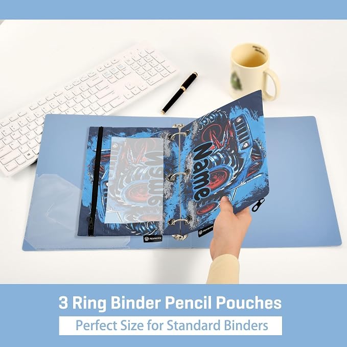 Custom Truck Blue Pencil Pouch for 3 Ring Binder, 2 Pack Personalized Name Waterproof Pencil Bags Clear Window Pencil Case School Office Supplies