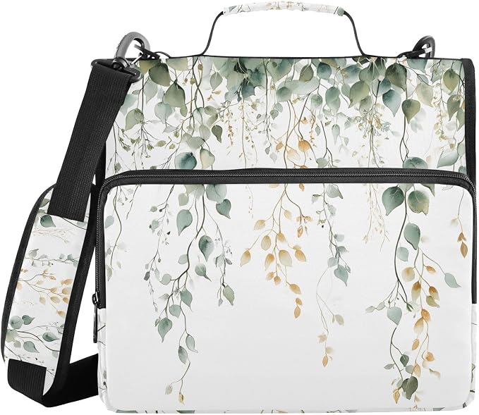 Green Sage Leaves 3 Ring Binder Bag 1.5 inch Binder Organizer with Zipper Shoulder Strap 500 Sheet Documents Storage for School Office
