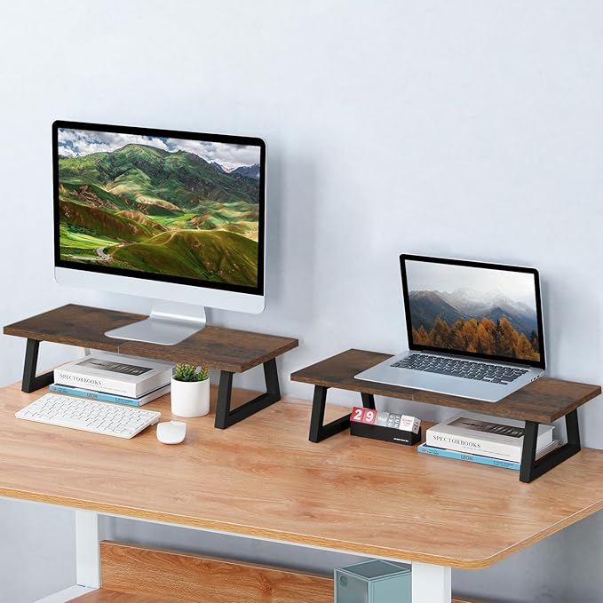 TEAMIX 24 inch Monitor Riser for Desk, Wood & Steel Computer/TV Stand Brown | Laptop, PC, Printer Stand Riser, Holds 150lbs, Desktop Organizer, Keyboard Storage, for Office, Home, Gaming, Craft Space