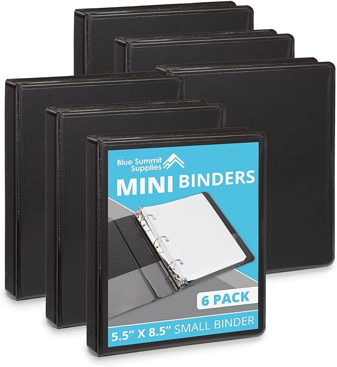 Blue Summit Supplies Small 3 Ring Binder for 5.5" x 8.5" Paper, Black 6 Pk | fits 5.5 x 8.5 in half letter paper, 1 in round rings, mini binder, clear pockets, for playbills, planners, recipes
