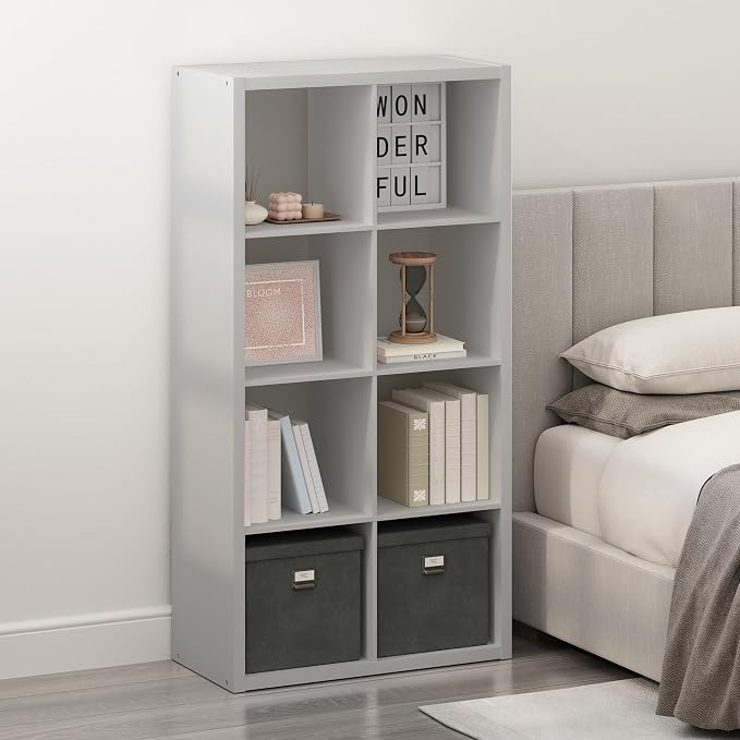 Furinno Simple 8-Cube Storage Organizer, Extra Thick Frame, Pale Grey | Vertical/Horizontal, Open Back, Display Shelf, Shelving Unit, Storage Shelves, for Organization, Living Room, Home Office