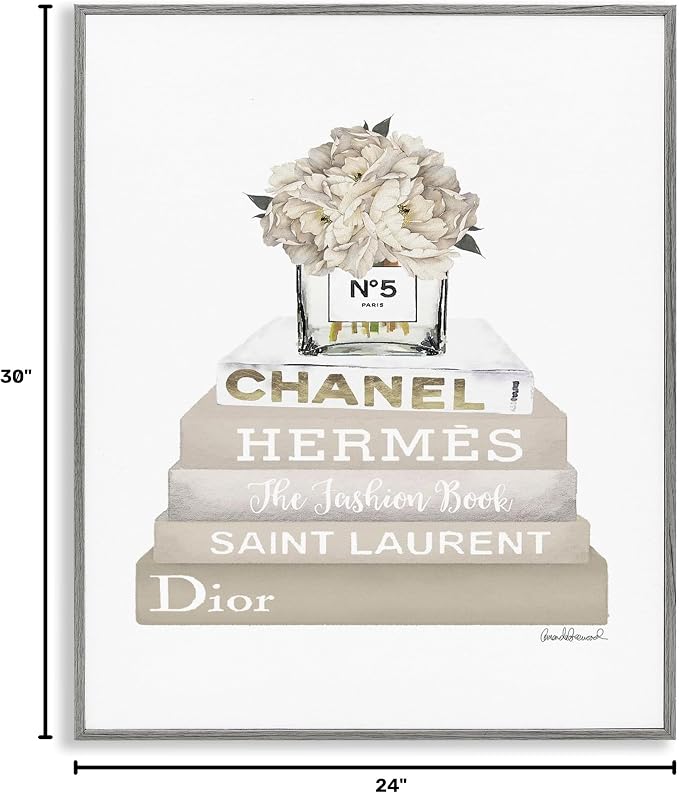 Stupell Industries 'Beige High Fashion Bookstack', Framed Giclee Art, Gray, 24 x 30 Inches, Easy to Hang and Sturdy, Made in USA, by Amanda Greenwood