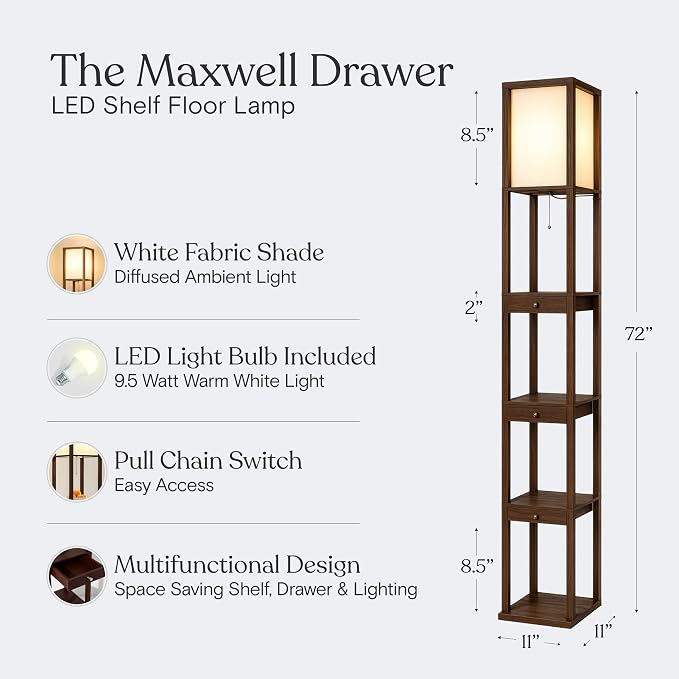 Brightech Maxwell Drawer Edition - Modern Shelf Floor Lamp with Drawer - Corner Display Floor Lamps with Shelves for Living Room, Bedroom and Office - Havana Brown