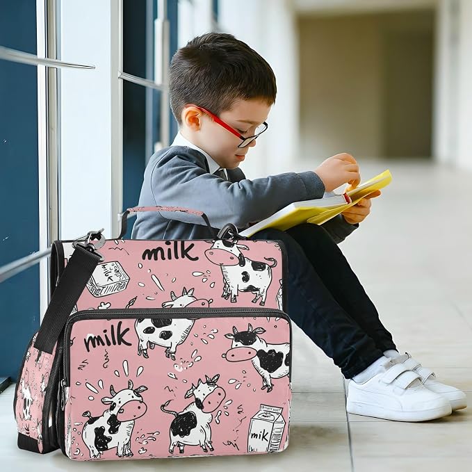 ATTX Cute Cartoon Cows Zipper Binder with Adjustable Padded Strap - 3 Ring 500 Sheet Capacity Binder Bag with Multi-Pocket Organizer, Fits 12 Inch Laptop