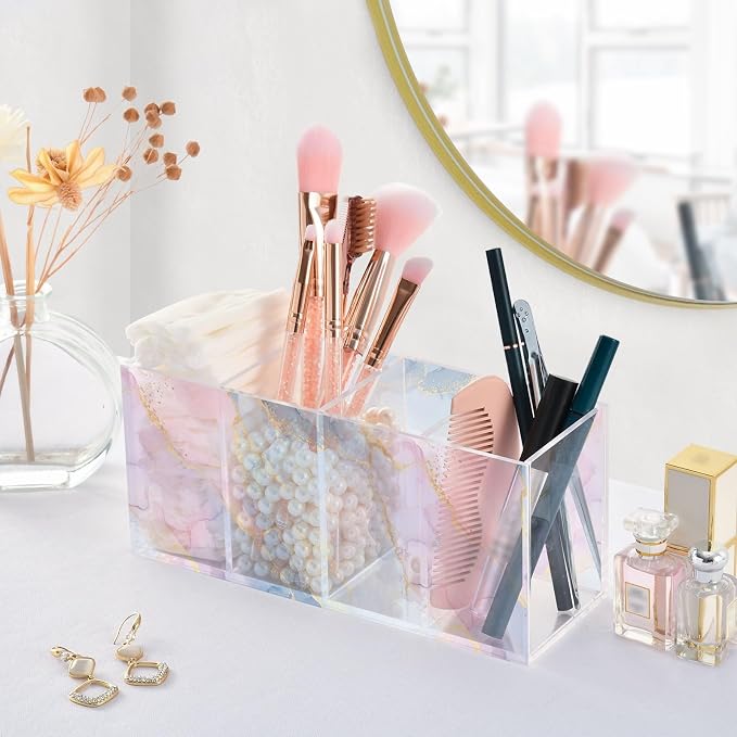 Colorful Tie Dye Acrylic Printed Pen Holder 4 Compartments, Acrylic Plastic Pen Holder Cosmetic Brush Holder Desk Pen Holder Marker Organizer Square Acrylic Pen Holder 4 Compartments