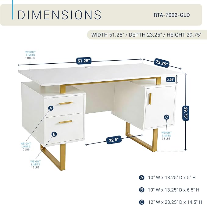 Techni Mobili 51"W Computer Desk w/ 2 Drawers & Storage Cabinet, White/Gold | Home office workstation, durable construction, everyday productivity, Ideal for home office, Workspace organization