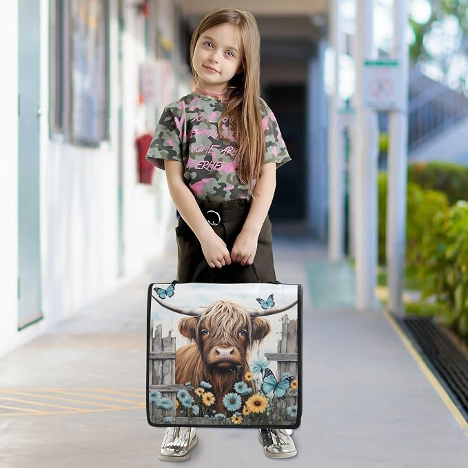 Highland Cow 3 Ring Zipper Binder 2 Inch with Strap for Girls | School Binder Bag with Handle Multi Pockets Binder Organizer 500- Sheet Capacity for School Office Supplies