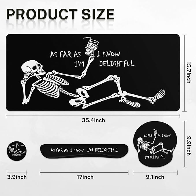 Keyboard Mouse Pad Set, 4 in 1 Desk Mat Set, Skull Skeleton Black | Large Mousepad+Keyboard Wrist Rest+Mouse Wrist Rest+Coaster Ergonomic Design for Home Office Computer