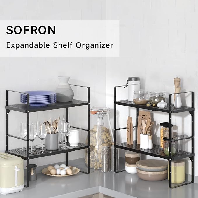SOFRON Expandable Cabinet Storage Shelf Stackable Organizer Rack for Kitchen Bathroom Pantry Spice Cupboard Coffee Countertop Home Office Desk Heavy Duty Nonslip Black Small 2 Packs
