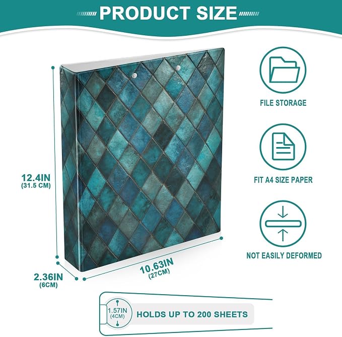 Vintage Teal and Turquoise Tiles Binder 3 Ring 1.5 Inch Binder with Clipboard&Pockets, Hardcover Binders Heavy Duty Large File Folder for Office School Supplies - Holds 200 Sheets