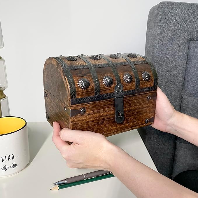 Nautical Cove Treasure Chest Keepsake and Decorative Wood Box (Large 8x6x6) - Storage Box, Wooden Box with Hinged Lid, Rustic Storage, Pirate Storage Box, Vintage Wooden Chest