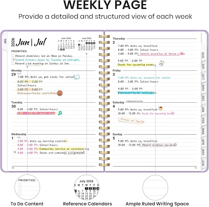 Taja Planner 2026-2027, Jul 2026-Jun 2027 Monthly & Weekly Calendar Book | 6.3" x 8.5", Hardcover Academic Calendar with Tabs, Teacher Student Agenda Book for School Office Supplies - Lilac Purple