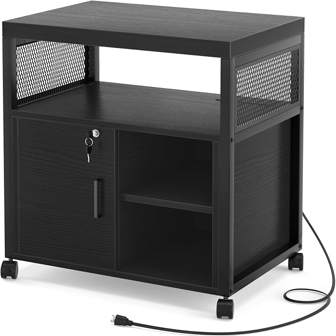 Unikito Lateral File Cabinet, Locking Office Printer Stand with Sockets and USB Charging Ports, Modern Rolling Printer Desk with Storage for A4, Letter Size and File Folders, Black