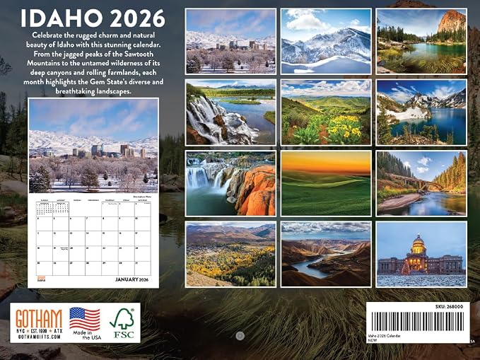 Idaho Calendar 2026 Wall 12 Month Monthly ID Scenic Souvenirs Themed Gifts | American Made In The USA