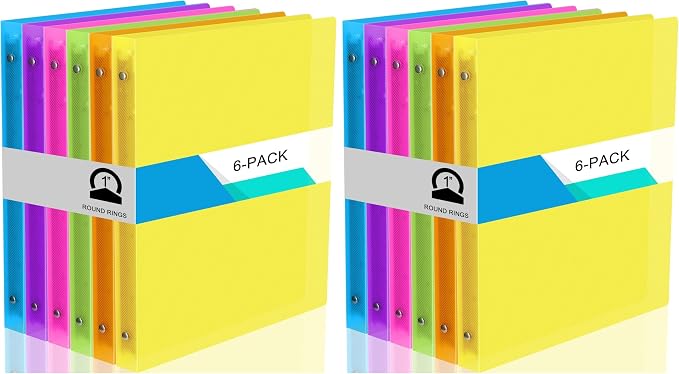 Fulmoon 12 Pack 1 Inch Plastic 3 Ring Binders with Pockets, Neon Colors