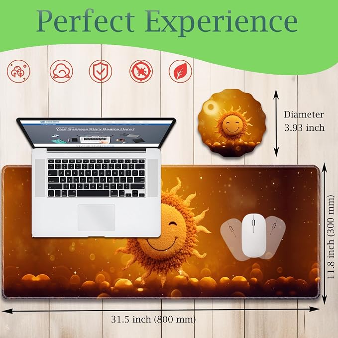 Extended Gaming Mouse Pad 31.5" x 11.8", with Edge Stitching, Non-Slip Rubber Base Keyboard Pad, Suitable for Work, Game, Office, Home and Coasters, Sun Smile Face