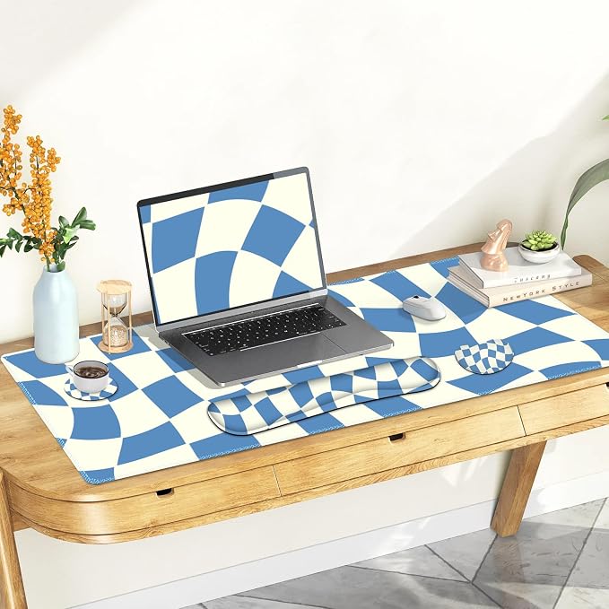 Desk Mat Pad, Gaming Mouse Pad Wrist Support Set, 4 in1 Non-Slip XXL Large Mousepad + Ergonomic Keyboard Wrist Rest+Mouse Wrist Rest+Coaster for Home Office Computer I Blue White Checker