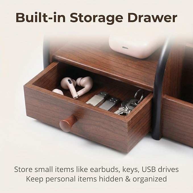 Wooden Desk Organizer with Drawer, Multi-Compartment Desktop Storage for Office Supplies, Remote Control, Phone, Makeup & Accessories