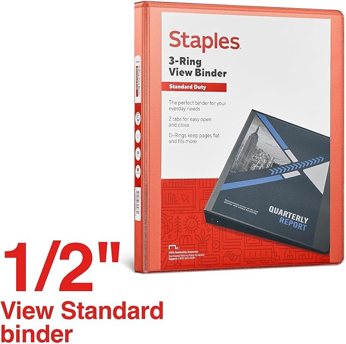Staples Standard 0.5-Inch 3-Ring View Binder, Holds Up to 100 Sheets, Orange, Slim Binder for Office, School & Home