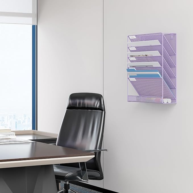 EasyPAG 5 Tier Wall File Holder, Mesh Hanging Folder Organizer with Classify Label, Versatile Desk File Holder, Vertical Wall Mounted Mail Organizer for Office Home Cubicle, Purple
